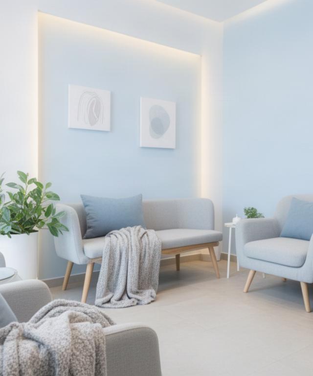 Sala de espera tranquila de Esteve Vitalidad S.L. con textiles suaves y decoración en tonos azul claro