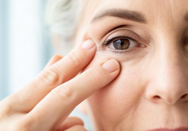 Mujer madura aplicando tratamiento descongestivo en el contorno de ojos