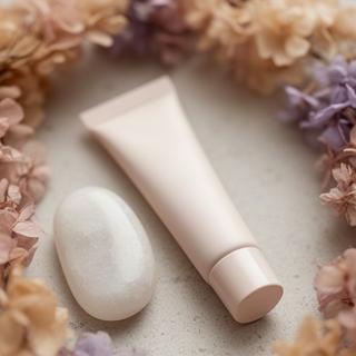 Contorno de ojos en un tubo elegante junto a una piedra de masaje y flores secas