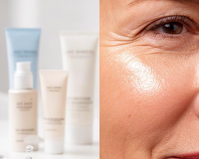 Detalle de piel mixta madura con zona T luminosa y textura uniforme junto a productos de cuidado facial