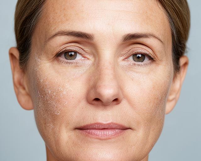 Rostro de mujer adulta con signos visibles de sequedad extrema antes del programa