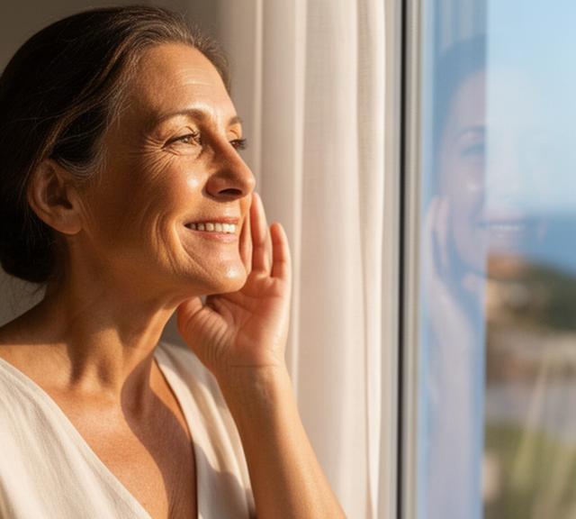 Mujer de 46 años observando su piel junto a una ventana después de seguir una rutina facial